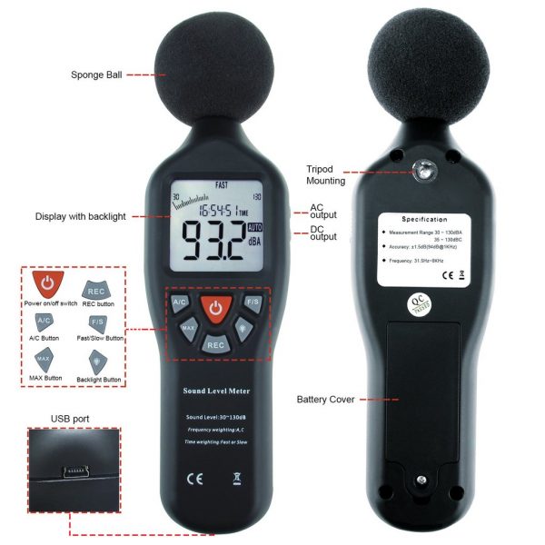 Sonometru (fonometru) digital profesional acustic pentru masurarea nivelului de sunet (zgomot) in decibeli, 30-130 Db, SLM-25, CD cu soft inclus 4