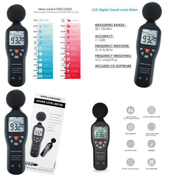 Sonometru (fonometru) digital profesional acustic pentru masurarea nivelului de sunet (zgomot) in decibeli, 30-130 Db, SLM-25, CD cu soft inclus 6