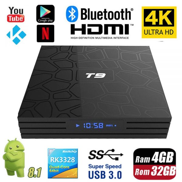 Mini PC TV Box T9, 4K, Quad-Core, 4GB RAM, 32GB, WiFi, Bluetooth, USB 3, HDMI, Android 8.1, H265, Mini Tastatura wireless iluminata 7 culori, CONFIGURAT cu aplicatii pentru TV, filme, Consultanta gratuita