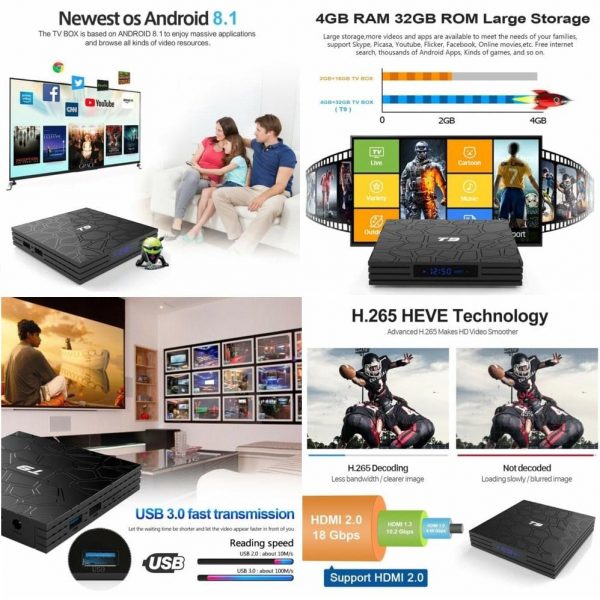 Mini PC TV Box T9, 4K, Quad-Core, 4GB RAM, 32GB, WiFi, Bluetooth, USB 3, HDMI, Android 8.1, H265, Mini Tastatura wireless iluminata 7 culori, CONFIGURAT cu aplicatii pentru TV, filme, Consultanta gratuita