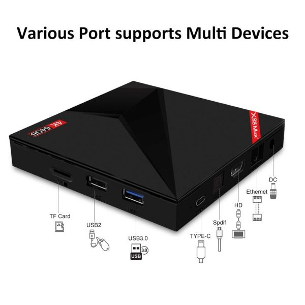 Mini PC TV Box X88 MAX+, 4K, Quad-Core, 4GB RAM, 64GB, WiFi dual band 2.4/5 GHz, Bluetooth, USB 3, HDMI, Android 9, Mini Tastatura wireless iluminata 7 culori, Display digital, SPDIF, USB-C, HDR10, CONSULTANTA Gratuita