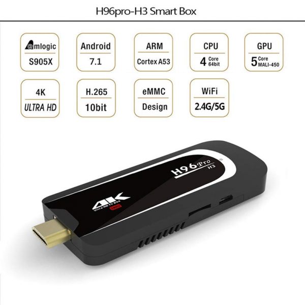 Mini PC TV Stick (TV Box) Dongle H96 Pro H3, 4K, Quad-Core, 2GB RAM, 16GB, WiFi dual band 2.4/5 GHz, Bluetooth, USB, HDMI, Android 7.1.2, CONFIGURAT configurat cu aplicatii pentru TV, filme, seriale, Youtube, Consultanta gratuita